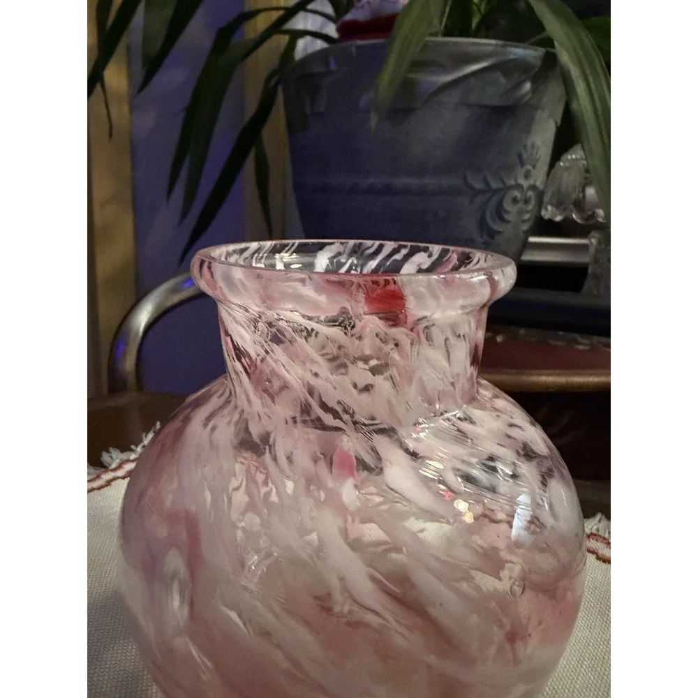 Vintage Hand Blown Pink White Swirl Art Glass Vase - Flawless Condition